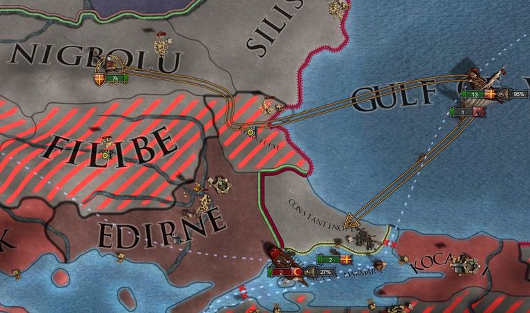 不再能移动到Constantinople，在删除那里的要塞并迁走首都之后，由于回归省份在Nigbolu而且你不能只移动到在控制区后面的非控制区省份。