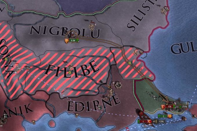 要移动到Constantinople只能根据要塞规则，由于回归省份在Nigbolu（而且你不能只移动到在控制区后面的非控制区省份）。